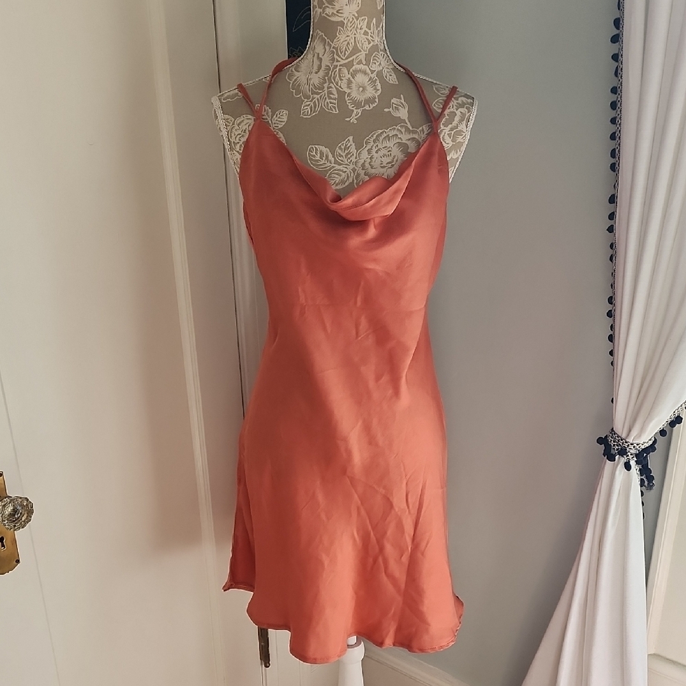 Bronze Satin Cowl Neck Slip Dress